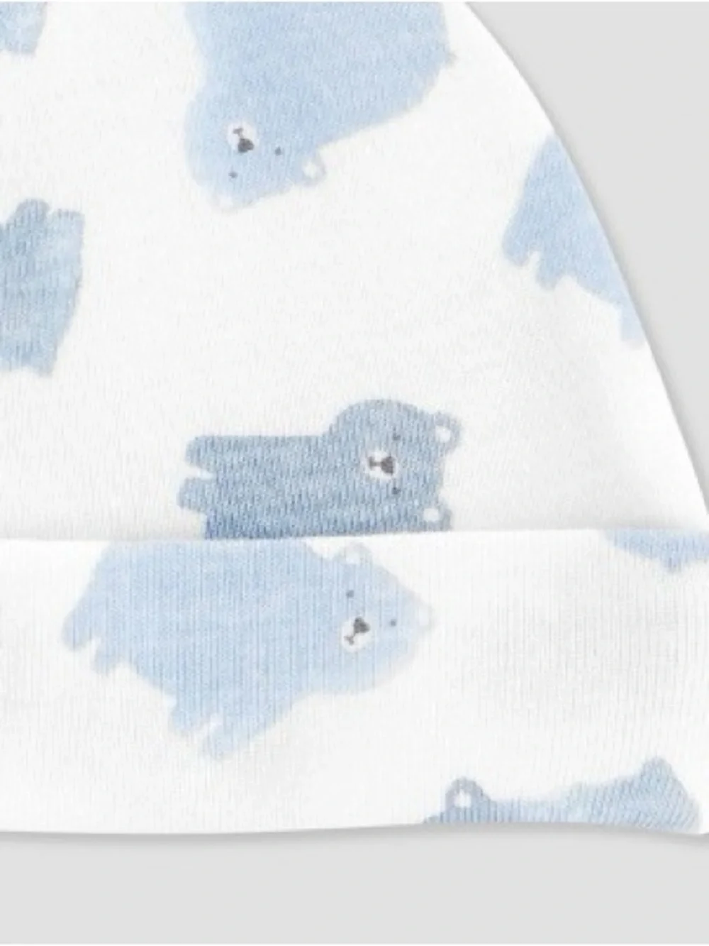 Baby Bear Print Cotton Beanie Hat - White & Light Blue - 9M